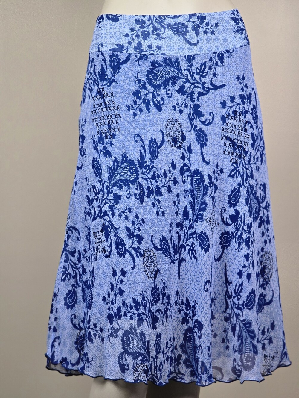 Sz 11 Vintage 90s Y2K Blue Paisley Floral Midi Skirt Flared Lettuce Hem